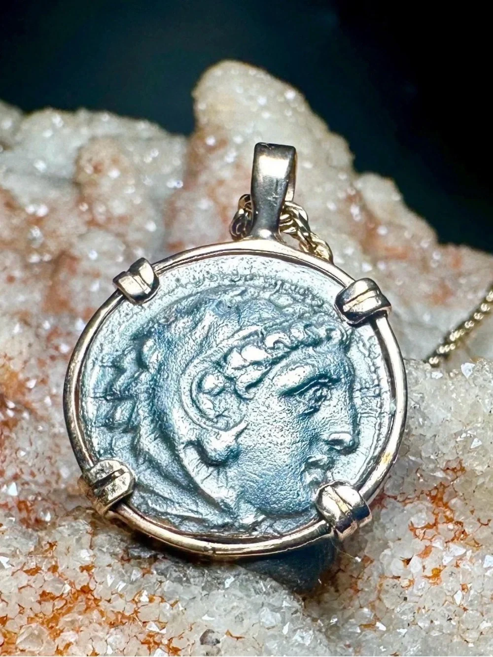 Ancient Greek Silver Coin Pendant Gold Bezel Heracles Zeus Alexander w/ COA